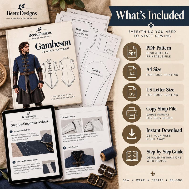 May include: A Gambeson sewing pattern set by BeetuDesigns including printed pattern sheets, a tablet displaying step-by-step instructions with photos, and a list of included files like PDF, A4, US Letter, and copy shop formats for home sewing.