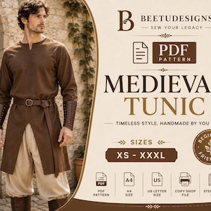 May include: A digital PDF sewing pattern for a medieval tunic by Beetudesigns. The graphic displays the text Medieval Tunic, sizes XS to XXXL, and beginner friendly. It includes icons for A4, US letter size, copy shop file, and step-by-step guide.