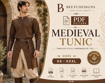 Medieval Tunic Tabard Pattern Men Medieval Shirt Warrior Robe Fantasy Cosplay Costume Beginner Sewing Pattern PDF Printable Digital Download