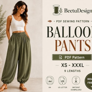 Peut inclure: Un patron de couture PDF pour pantalon ballon par BeetuDesigns, disponible en tailles XS à XXXL avec 9 longueurs. Le modèle présente une taille élastique et des chevilles resserrées. Fichiers téléchargeables pour formats A4 et US Letter.