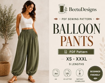 Women's Balloon Pants PDF Sewing Pattern Barrel leg Baggy pants Harem bubble wide leg Loose Fit trousers Beginner Printable digital download