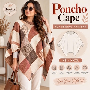 Puede incluir: Un patrón de costura en PDF para una capa tipo poncho con un diseño geométrico en tonos marrón, beige y crema. Incluye un dibujo técnico de la prenda, un rango de tallas de XS a XXXL e iconos para PDF, A4, US Letter y descarga instantánea.