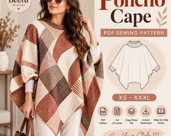 Op de afbeelding: Een PDF-naaipatroon voor een poncho-cape met een geometrisch patroon in bruin-, beige- en crèmetinten. Het ontwerp bevat een technische lijntekening van het kledingstuk, maten van XS tot XXXL en iconen voor PDF, A4, US Letter en download.