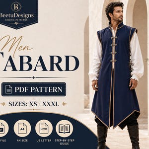 Modello di cucito per tabard da uomo, gilet medievale fantasy con lacci, tunica da guerriero da uomo, costume da guerriero, modello PDF A0 A4 Download digitale