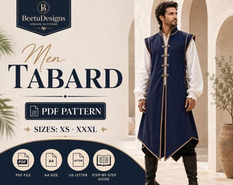 Op de afbeelding: Een marineblauwe tabberd met gouden bies, voorzien van een sluiting aan de voorzijde met decoratieve metalen gespen en vetersluiting aan de zijkant. De tekst luidt BeetuDesigns Sewing Patterns, Men Tabard, PDF Pattern, Sizes: XS - XXXL, PDF File, A4 Size, US Letter, Step-by-Step Guide.