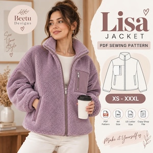 May include: A lavender fleece jacket with a high collar, a full-length front zipper, and a zippered chest pocket. The text Lisa Jacket PDF Sewing Pattern XS-XXXL is displayed alongside a technical line drawing of the garment design.