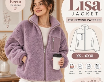 Jacket Sewing Pattern Women Zip Up Fleece Teddy Jacket Pattern Cropped Jacket PDF Coat Pattern A0 A4 Printable digital download