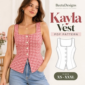 Peut inclure: Un gilet à carreaux vichy rouge et blanc avec une encolure carrée et quatre boutons. Le texte indique BeetuDesigns Modern Sewing Patterns, Kayla Vest, PDF Pattern, et Sizes XS-XXXL, avec un dessin technique du gilet en ligne.