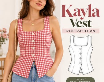 Op de afbeelding: Een rood-wit geruit vest met een vierkante halslijn en vier knopen aan de voorzijde. De tekst luidt BeetuDesigns Modern Sewing Patterns, Kayla Vest, PDF Pattern en Sizes XS-XXXL, inclusief een technische lijntekening van het vest.