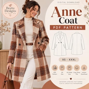 May include: A double-breasted coat with a brown and beige plaid pattern, featuring notched lapels and black buttons. The image includes text reading Anne Coat PDF Pattern, sizes XS-XXXL, and icons for PDF, A4, US Letter, and instant download.