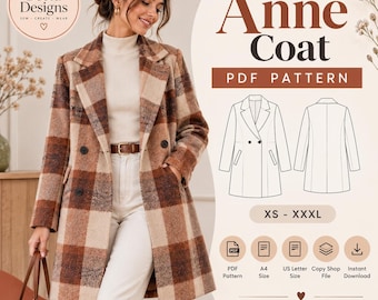 Coat sewing pattern women Winter Long Coat pattern with Lining PDF (XS-XXXL) Easy Beginner jacket sewing A0 A4 Printable Digital Download