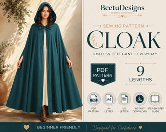 Hooded Cloak Sewing Pattern PDF Cosplay Cape Pattern Medieval Costume Fantasy Dress Long Cape with Hood Magical Gown Beginner pdf download