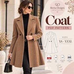 May include: A tan double-breasted coat with a flared skirt, notched lapels, and two buttons. The image includes text: Beetu Designs Sewing Patterns, Coat PDF Pattern, Sizes XS-XXXL, PDF Pattern, A4 Size, US Letter Size, Copy Shop File, Sew Create Wear.