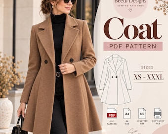 Winter Coat Sewing Pattern Women PDF Winter Long Coat Women Jacket Pattern (XS-XXXL)  Beginner Sewing A0 A4 Printable Digital Download