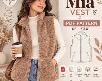 Teddy Vest Sewing Pattern Women Zip Up Vest Pattern Collared Vest fleece Faux Fur Vest Beginner sewing PDF Printable Digital Download