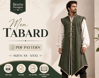 Medieval Tabard Sewing Pattern for Men Fantasy Tabard Vest with lacing Men's Tunic Warrior Robe Costume Pattern PDF A0 A4 Digital Download