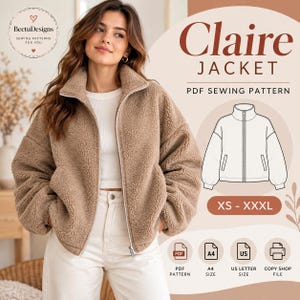 May include: A tan, long-sleeved, zip-up fleece jacket with a high collar. The image includes text reading Claire JACKET PDF SEWING PATTERN, sizes XS - XXXL, and icons for PDF, A4, US Letter, and Copy Shop file formats for this sewing pattern.