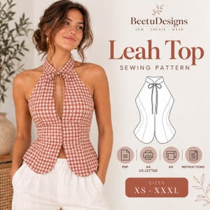 May include: A sewing pattern for the Leah Top by BeetuDesigns, featuring a sleeveless halter-neck top with a red and white gingham check pattern, a front keyhole opening with a tie, and a peplum hem. Includes PDF, A4, US Letter, and A0 formats.