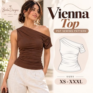 Puede incluir: Un top marrón de un solo hombro con detalles de tela fruncida, presentado como un patrón de costura en PDF titulado Vienna Top. El diseño incluye un dibujo técnico de la prenda e indica las tallas disponibles desde la XS hasta la XXXL.
