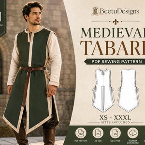 Può includere: Un cartamodello PDF per una tabarda medievale di BeetuDesigns. Il design presenta una tunica senza maniche verde scuro con bordi beige chiaro, allacciatura laterale e uno spacco frontale. Include disegni tecnici e taglie dalla XS alla XXXL.