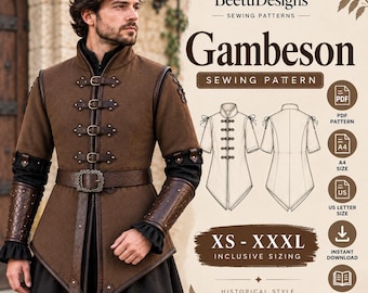 Gambeson Sewing Pattern Medieval Tunic Pattern Warrior Robe Fantasy cosplay costume Easy Beginner PDF A0 A4 Printable digital download