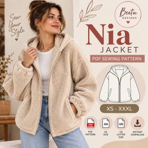 May include: A beige, long-sleeved, hooded fleece jacket with a front zip fastening. The image includes text reading Beetu Designs, Nia Jacket, PDF Sewing Pattern, XS-XXXL, and icons for A4, US Letter size, and instant download.