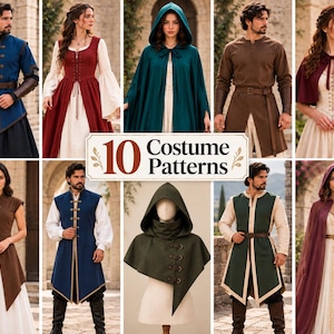 May include: A collection of 10 costume patterns featuring various medieval-style garments including tunics, capes, hooded cloaks, and dresses in colors like blue, red, brown, green, and white. The image displays text reading 10 Costume Patterns.