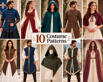 10 Costume Sewing Patterns Medieval Tabard Dress Women Cape Cloak Men Gambeson Tunic Hooded Capelet Renaissance Fair Cosplay PDF Download