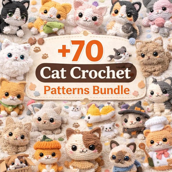 Paquete de más de 70 patrones de ganchillo para gatos en PDF, colección de gatitos amigurumi adorables, patrones de ganchillo para juguetes de peluche de gatos kawaii (descarga digital instantánea)