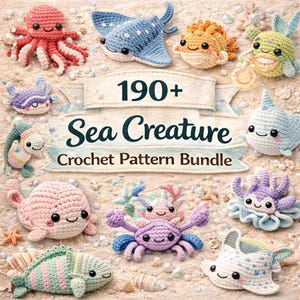 190+ virkmönster med havsdjur i PDF-format, samling av amigurumi-djur i havet, virkmönster med valhaj, bläckfisk, krabba, fisk
