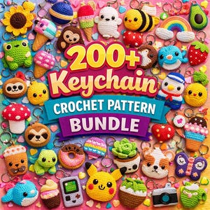 Puede incluir: Una colección de llaveros de ganchillo coloridos en varias formas, incluyendo animales, alimentos y un arcoíris. La imagen presenta el texto "200+ Keychain Crochet Pattern Bundle" en un diseño vibrante, mostrando una variedad de artesanías hechas a mano.