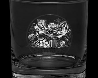 Kolumbien Pride Rocks Glas | Kolumbianische Kulturkunst Whiskyglas | Minimalistisches geätztes Design | Altmodisches Glas | 10,5 Unzen