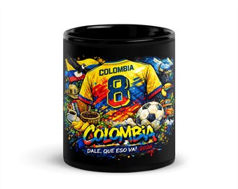 Kolumbien stolz schwarze glänzende Tasse | Fußball inspirierte Kaffeetasse | Keramiktasse für Fans | Lateinische Kultur Geschenk | 18–15 Unzen | Jahr 2026