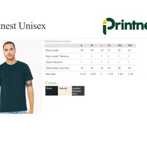 May include: A teal unisex t-shirt with a crew neck, modeled by a person. The image includes a size chart with measurements in inches and a color palette showing black, natural, and navy options. The brand logo and the text "Printnest Unisex" are also visible.