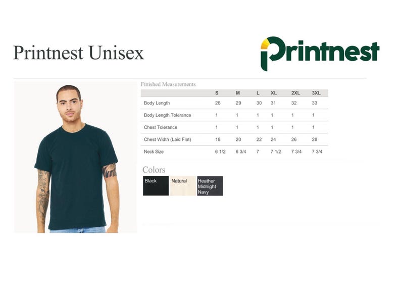 May include: A teal unisex t-shirt with a crew neck, modeled by a person. The image includes a size chart with measurements in inches and a color palette showing black, natural, and navy options. The brand logo and the text "Printnest Unisex" are also visible.