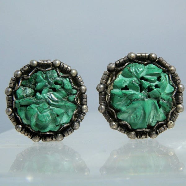 Carved Malachite and Sterling Silver Earrings by Sung Well carved Flower Design and with an Ornate Setting.