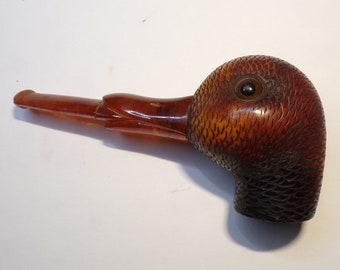 Antique Tobacco Pipe. Bird Head Design. 5" Block Meerschaum, w/ real Amber Stem. Fitted Case.  REPAIRED STEM. DanPicked.