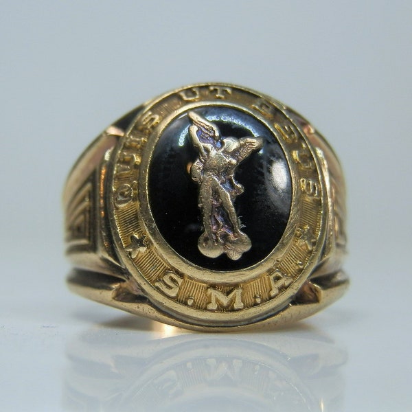 RESERVED... LAYAWAY...  Quis Ut Deus 1950 Signet Ring. 10k Gold and Black Enamel. S.M.A. Size 6 3/4. Saint Mary's Academy. Vintage Ring.