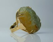 14k Gold Carved Jade Ring. Ming 39 s Honolulu, Hawaii. Size 8. Multi Color, translucent Jadeite Jade. Lotus Leaf Design.
