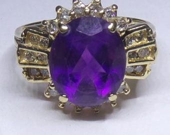 Vintage Amethyst & Diamond, 14k gold Ring. Size 8.5