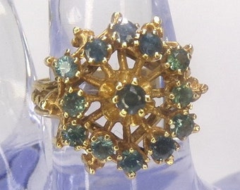 Natural Light Blue Spinel Cluster, 14k Gold Ring. Size 7.25. Detailed Artisan Piece. Halo, Princess, Cluster.