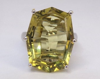 14k White Gold, Lemon Citrine and Diamond Cocktail Ring by TG. Size 7. Fancy Cut Gemstone. 8.6 grams. DanPicked