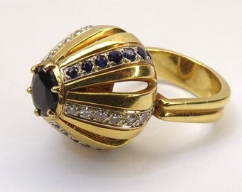 18k Gold, Sapphire & Diamond Cocktail Statement Ring. Size 6. Flower bud design. Openwork. DanPicked