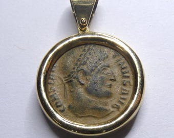 18k Gold Constantine Roman Coin Pendant Necklace: VOT XX