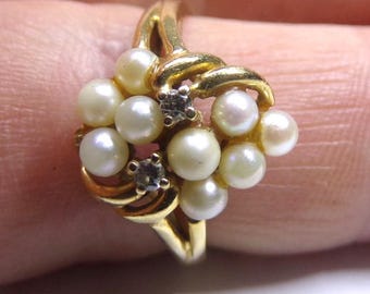 Seed Pearl & diamond, 14k gold Ring. Estate piece. Size 6.75.