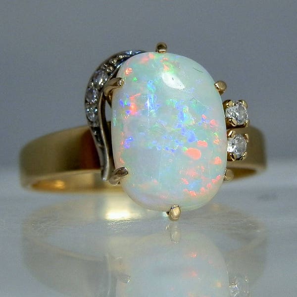 Vintage 18k Gold Opal Diamond Ring Size 9 Fantastic Color Play Bigger Opal Cabochon DanPickedMinerals