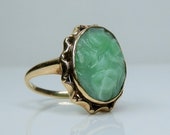 Hand Carved Chinese Jade 10k Gold Ring. Size 4 1 2. Natural Green Jadeite Jade Cabochon. Excellent Condition