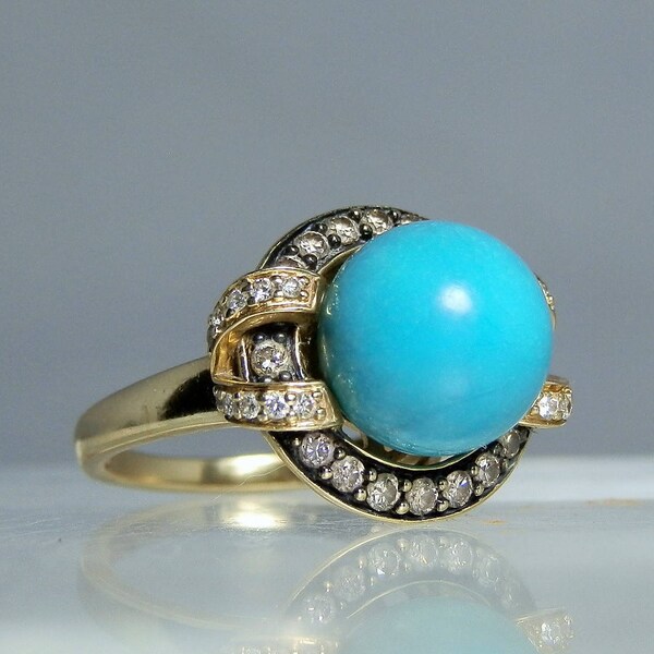 Art Deco Persian Turquoise Diamond 14k Gold Ring Beautiful Setting 11 mm completely round Turquoise Cabochon DanPickedMinerals