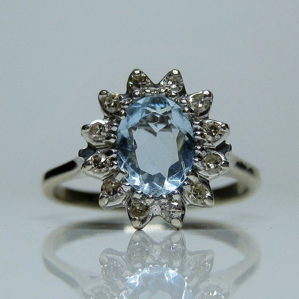 Natural Aquamarine & Diamond Halo 14k White Gold Ring. Size 10 1/4. DanPicked