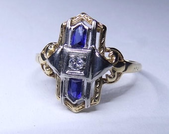 Diamond and Sapphire, 14k Gold Ring, Size 6, Art Deco Design